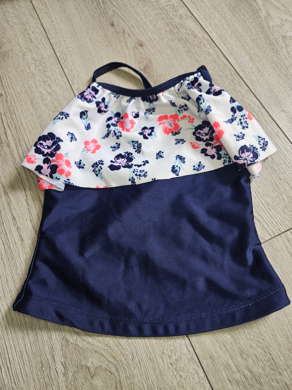 Girls Navy Floral Off-Shoulder Swim Top